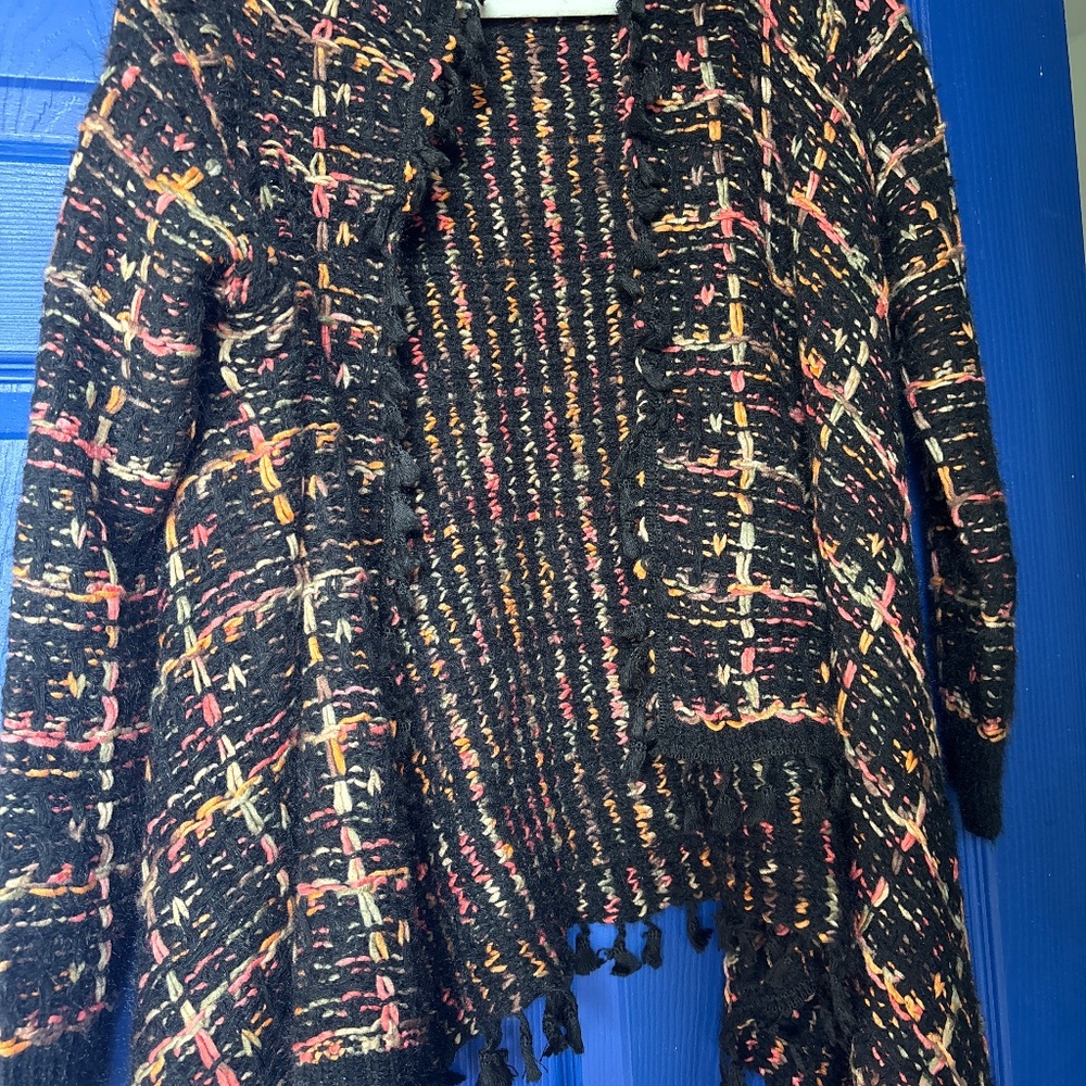 Open cardigan tweed multi color with fringe